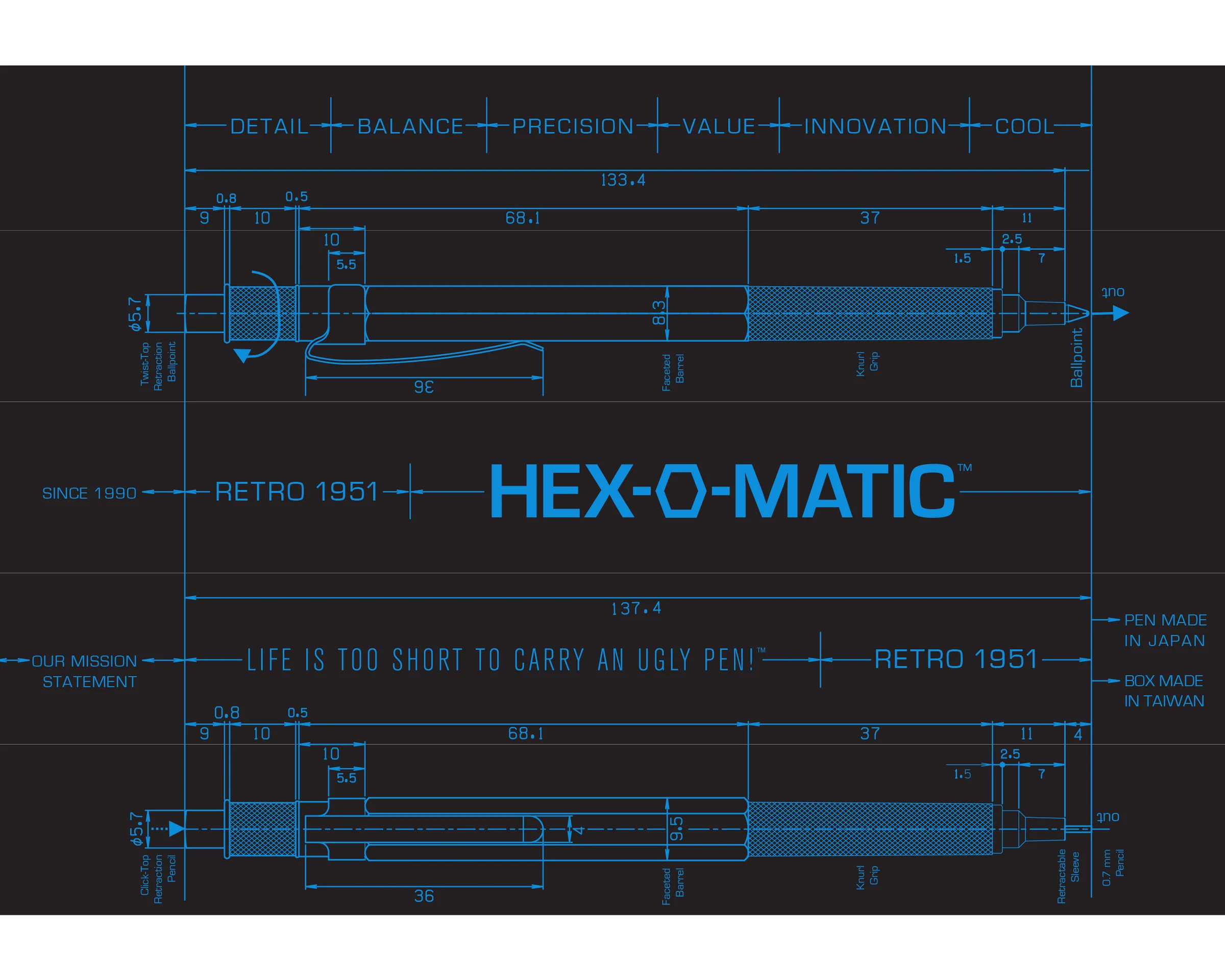 Retro 51 Hexomatic Black Pencil 0.7mm - Pencraft the boutique