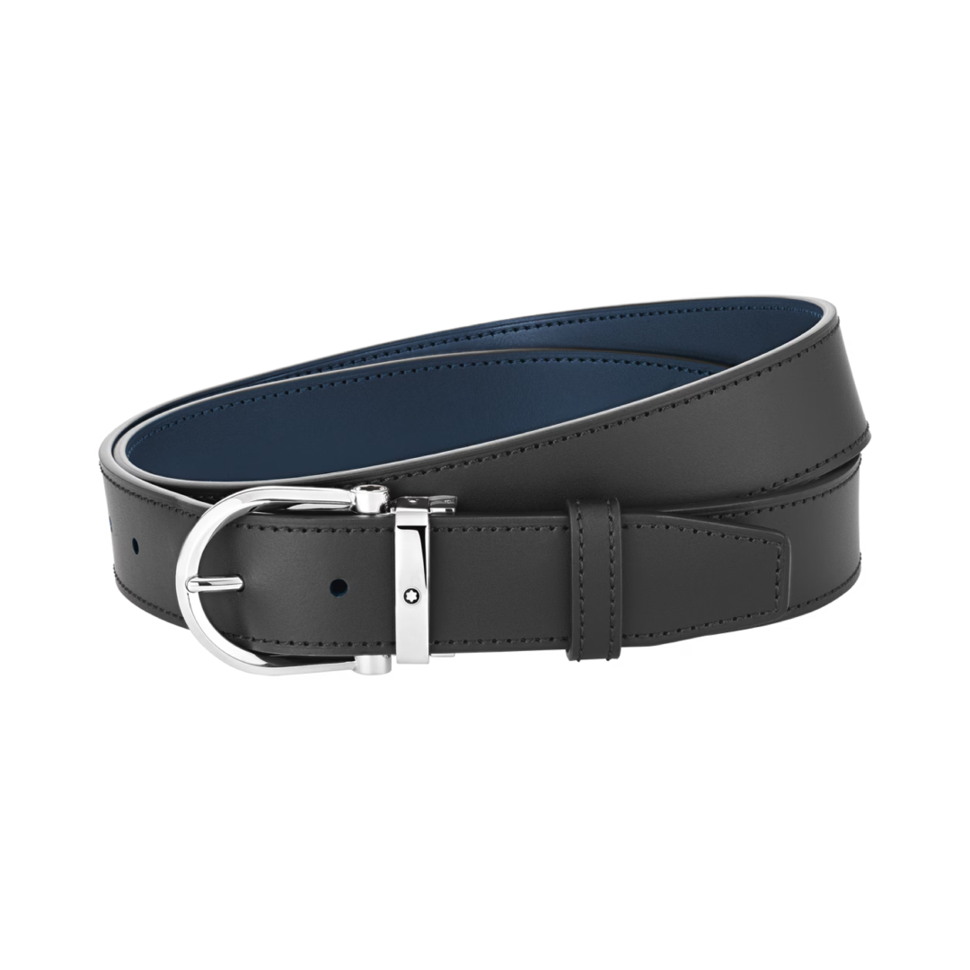 Montblanc Belt Horseshoe Shiny Stainless Steel Reversible 35mm Blue/Black Leather