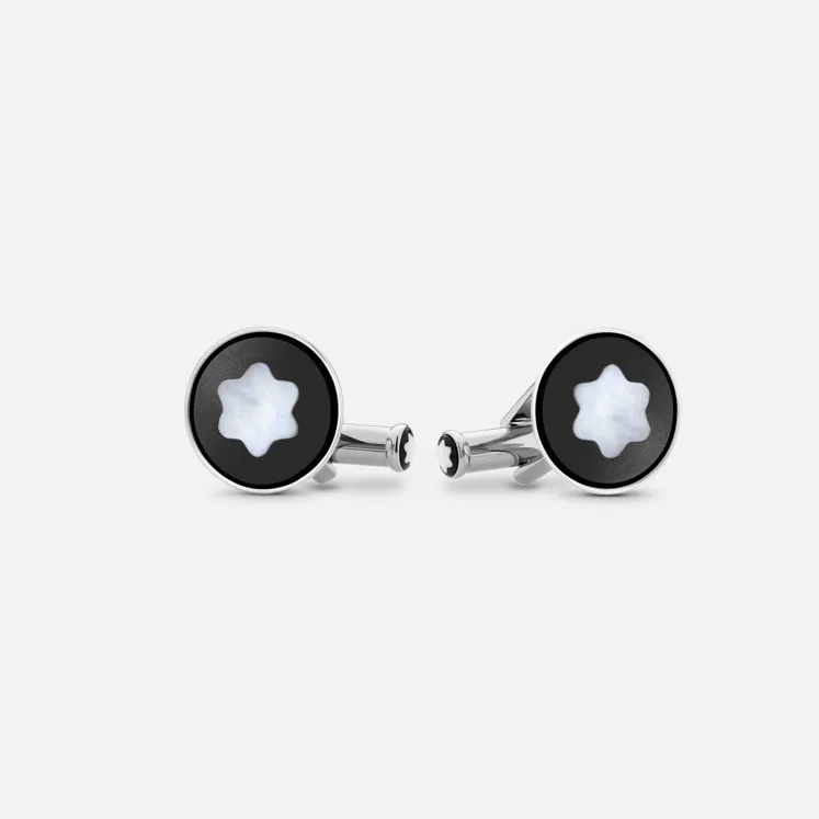 Montblanc Round Cufflinks in Stainless Steel with Black PVD Inlay and Mother-of-Pearl Snowcap Emblem - Pencraft the boutique
