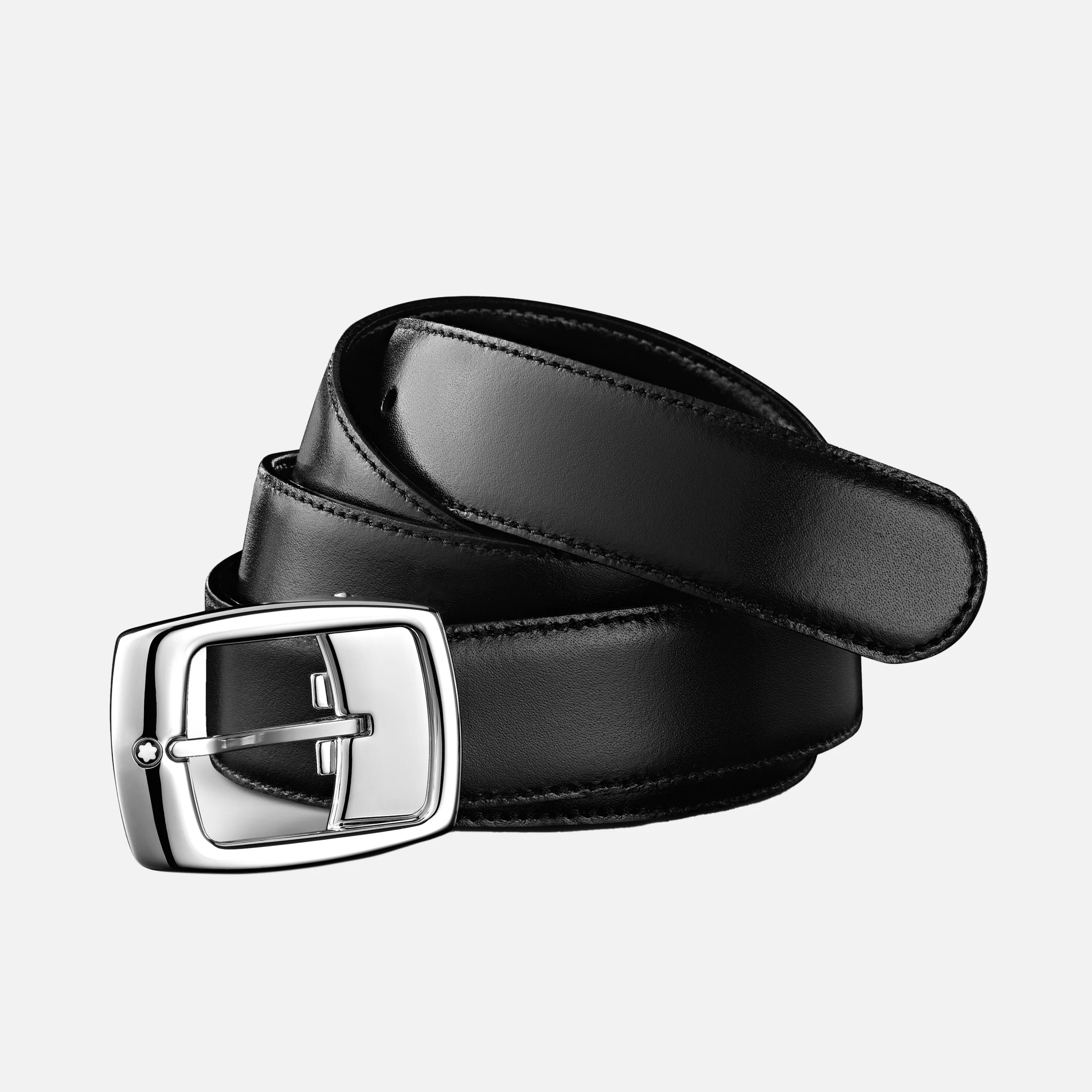 Montblanc Belt Rounded Rectangle Shiny Palladium Buckle Reversible Leather Black Brown 30mm - Pencraft the boutique