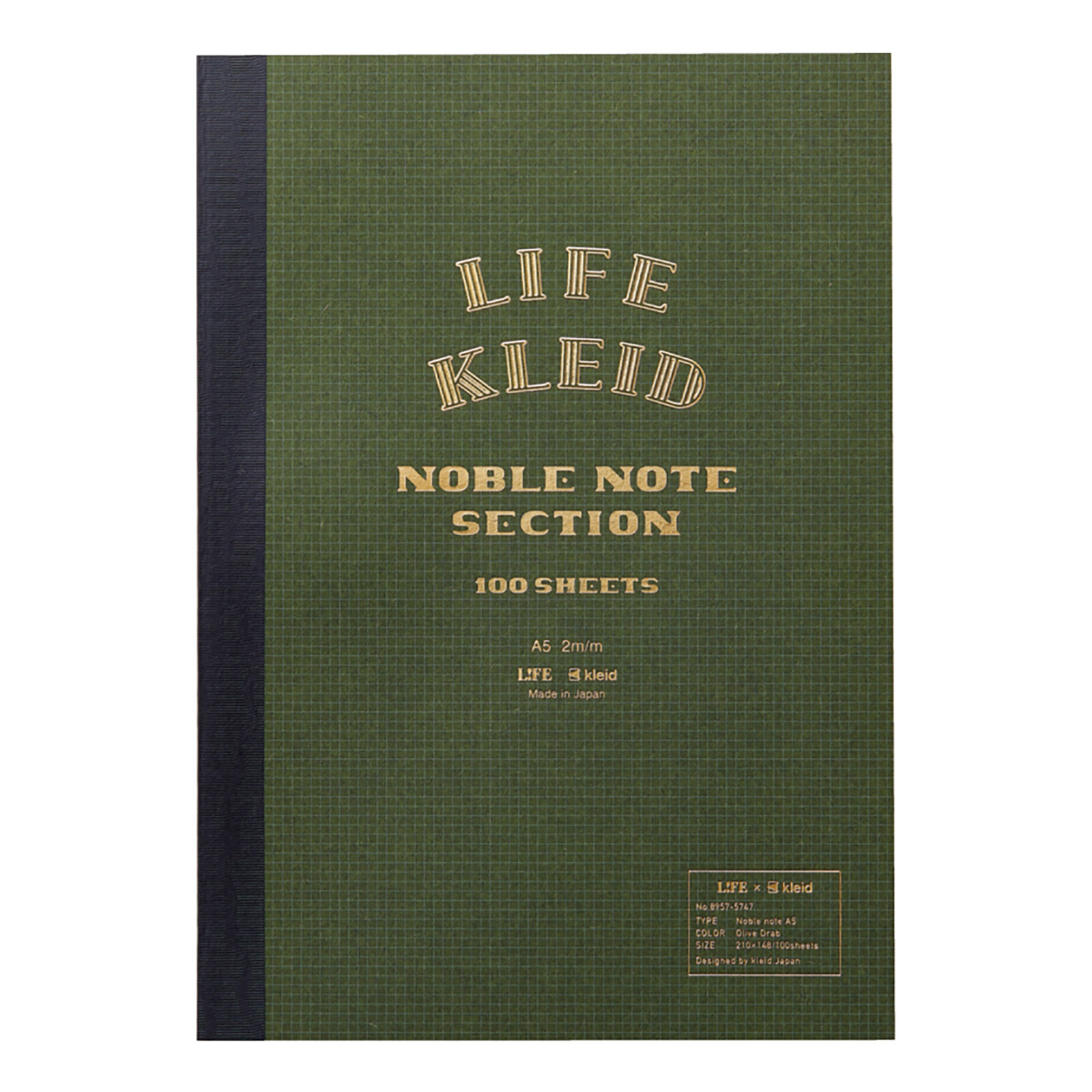 Life Japanese Paper Kleid Noble Note Notebook 2mm Grid A5 Olive Drab