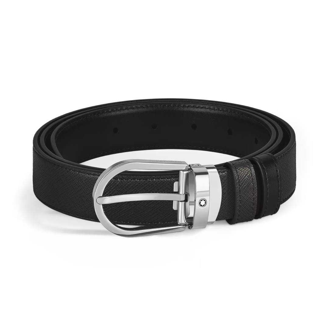Montblanc Belt Horseshoe Shiny Palladium Reversible 30mm Black Sartorial/Black Meisterstück Leather