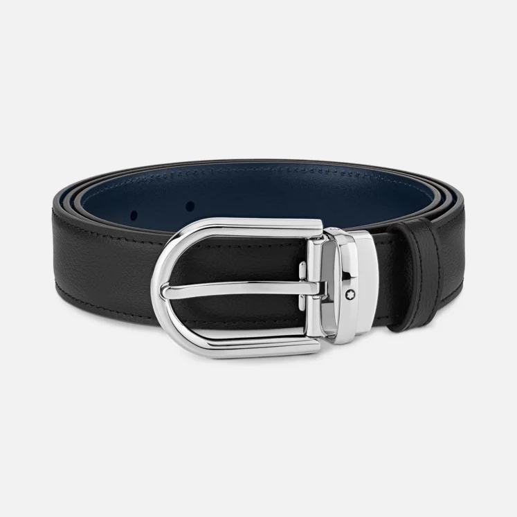 MONTBLANC HORSESHOE BUCKLE BLACK/BLUE 30 MM REVERSIBLE LEATHER BELT - Pencraft the boutique