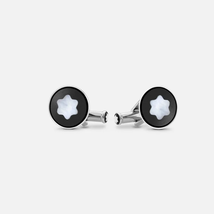 Montblanc Round Cufflinks in Stainless Steel with Black PVD Inlay and Mother-of-Pearl Snowcap Emblem