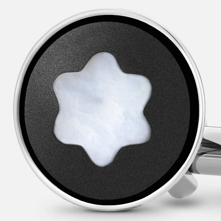 Montblanc Round Cufflinks in Stainless Steel with Black PVD Inlay and Mother-of-Pearl Snowcap Emblem