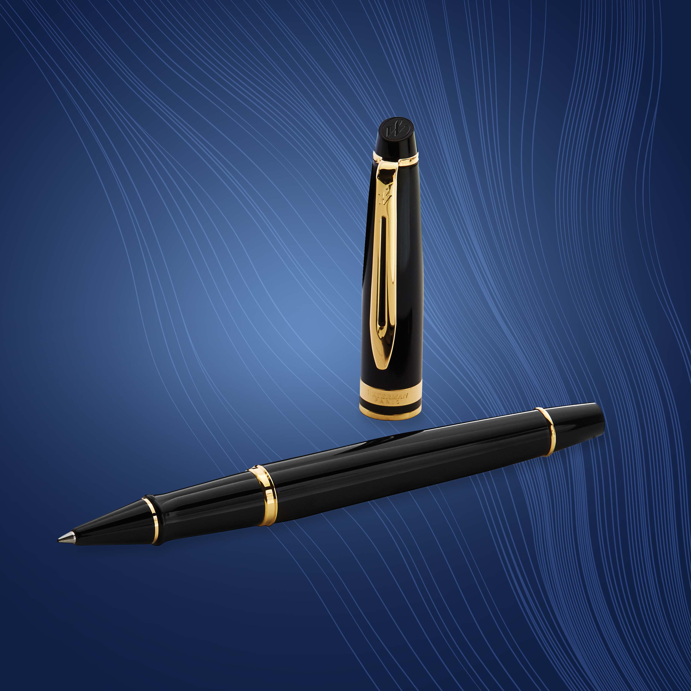 Waterman Expert Black Lacquer Gold Trim Rollerball - Pencraft the boutique